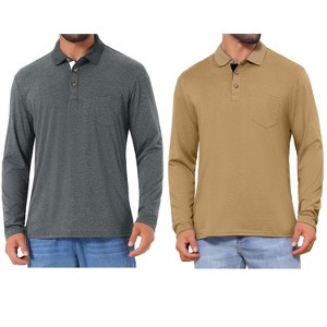 INSPIRE CHIC Men's Contrast Button Collared Pocket Long Sleeves Polo T-Shirts 2 Packs - 1 of 4