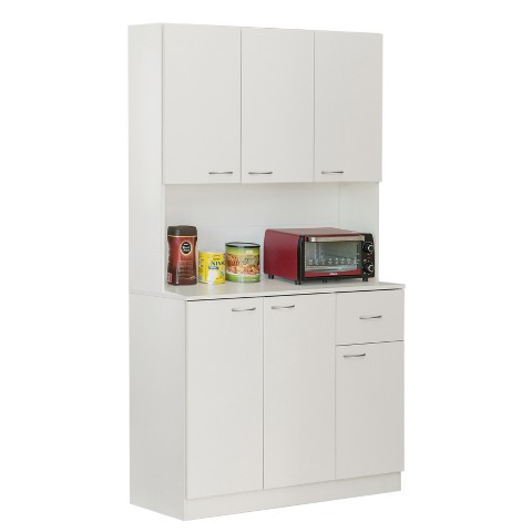 Basicwise Kitchen Pantry Storage Hutch - 71" Tall Wood Organizer with Drawer, Doors & Shelves, Modern White, for Dining, Living, Mudroom