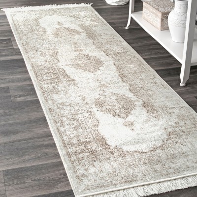 Ivory Medallion Viscose Runner Rug with Fringe, 2' 8" x 8'