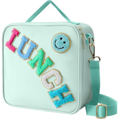 Insulated Lunch Bag With Adjustable Shoulder Strap, Nylon Preppy Lunch Box Reusable Lunch Tote Bag with Smiley Preppy LunchBag for Girls School