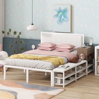 ALEXOUN Metal Platform Bed with Two-Tier Storage Shelves and Wooden Storage Cabinet,Easy Assembly,for Bedrooms, Apartments