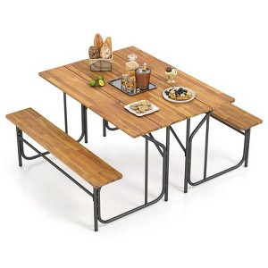 Tangkula 2PCS Table Bench Set for 2 Picnic Table & Loveseat w/Acacia Wood Top Metal Legs - 1 of 4