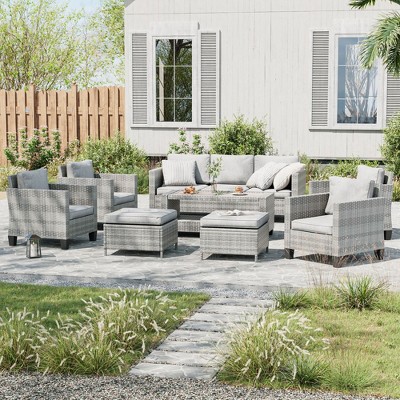 Sonkuki 8-Piece Patio Conversation Set with Ottoman and Side Table, Navy Blue Cushion