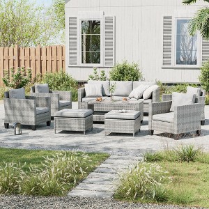 Sonkuki 8-Piece Patio Rattan Furniture Set Coversation Set Outdoor Sofa Couch w/ Chairs, Coffee Table and Ottoman, Navy Blue Cushion - 1 of 4