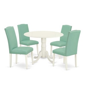 Round Kitchen Table Set 5pc 42" Table w/ Drop Leaves & 4 Chairs - Linen White Legs, Pond PU Leather - 1 of 4