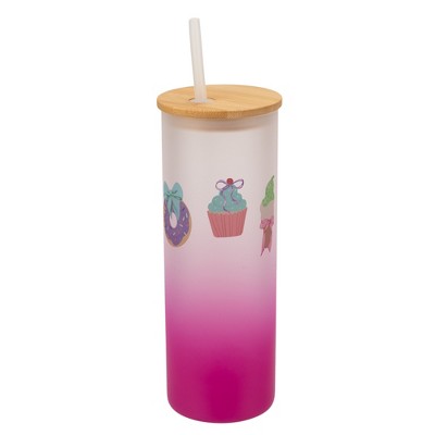 Elanze Designs 25 Ounce Frosted Glass Gradient Travel Tumbler With Straw and Wooden Lid, Pastel Dessert Pink
