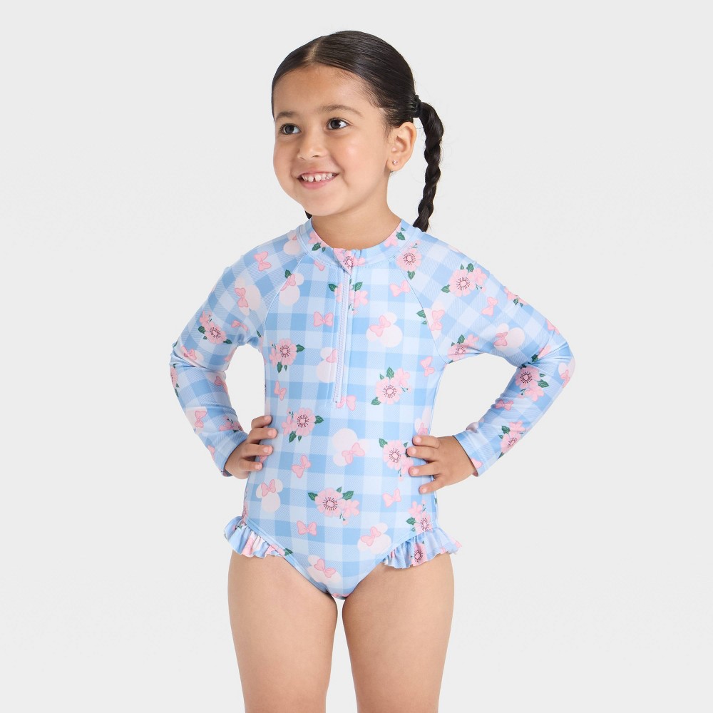 Toddler Girls' Disney Minnie Mouse Long Sleeve Floral Gingham Half Zip One Piece Rash Guard Swimsuit - Light Blue 4T