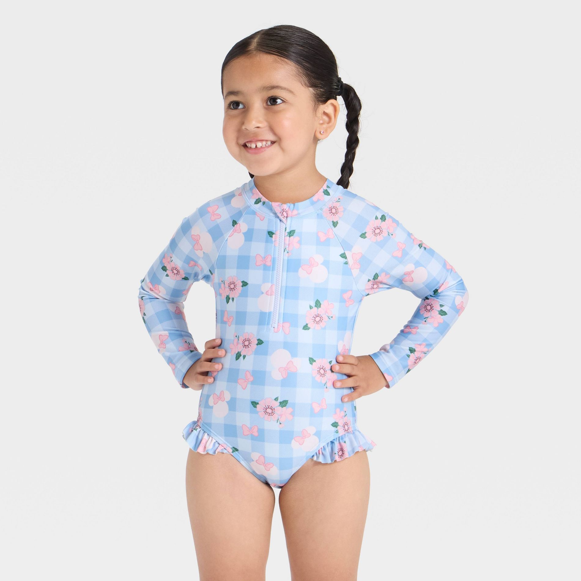 Toddler Girls' Disney Minnie Mouse Long Sleeve Floral Gingham Half Zip One Piece Rash Guard Swimsuit - Light Blue 3T