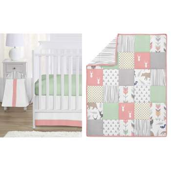 Sweet Jojo Designs Girl Baby Crib Bedding Set - Woodsy Coral Green and Grey 4pc