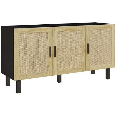 DOMETOUR Sideboard Buffet Cabinet Kitchen Cabinet with 3 Rattan Doors and Adjustable Shelves Black and Natural