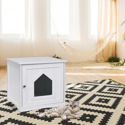 Tangkula Wooden Pet Cat House Litter Box Cat Washroom Nightstand Cat Storage Bench