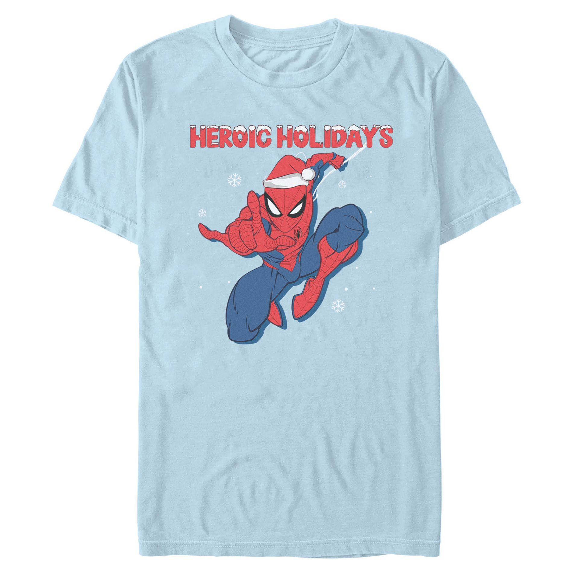 Mens Marvel: Spider-Man Heroic Holidays Pose T Shirt - Light Blue - 2X Large