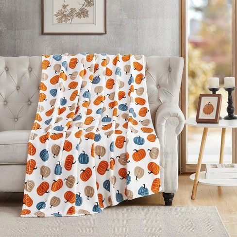 Kate Aurora Autumn Shabby Harvest Multi Pumpkins Ultra Soft Plush Oversized Fall Accent Throw Blanket 50 in. W x 70 in. L