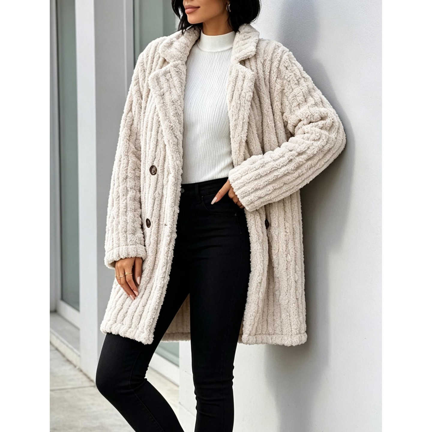 Женская куртка YesFashion Women Lapel Mid-Length Fuzzy Coat Casual Overcoat Street Outerwear Daily Long Jacket, L — фото 2