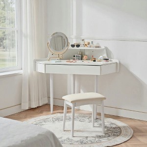 Resenkos Modern Corner Makeup Vanity Desk with Large Storage, LED Mirror & Stool, Brightness Adjustable, White - 1 of 4