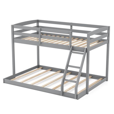 Costway Twin Over Full Bunk Bed with Integrated Ladder & Safety Guardrails Solid Wood Gray/White