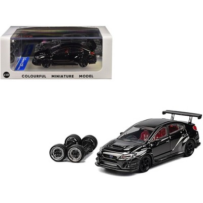 Subaru VAB WRX STI Widebody Black Metallic with Red Interior with Extra Wheels 1/64 Diecast Model Car by CM Model