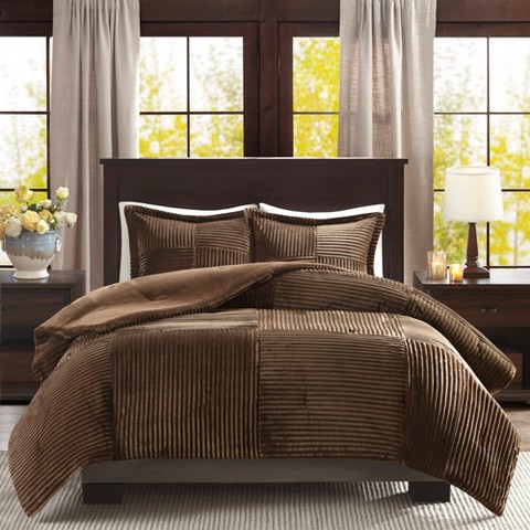 Madison Park Micro Cord Texture Ribbed Plush Comforter Set, Bartack Quilting Luxury Design Bedding Set for Contemporary Decor Style, Brown, King/Cal King
