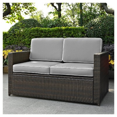 Palm Harbor Outdoor Wicker Loveseat In Brown with Gray Cushions - Crosley
