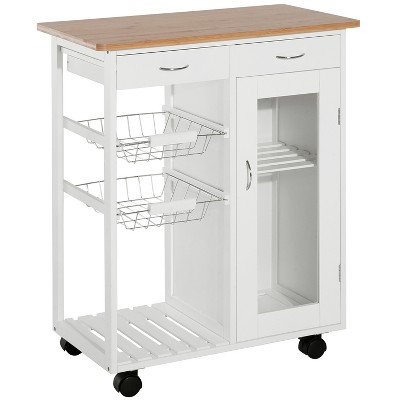 VYNXARIA 28" Rolling Kitchen Island with Storage, Kitchen Cart with Solid Bamboo Top, Wire Basket,Door Cabinet and Drawers, White