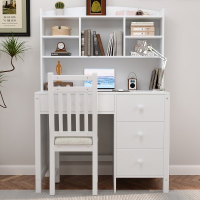 VYNXARIA Vintage 40"Home Executive Desk Set with Upholstered Chair & Bookshelf - Computer Desk with 4 Drawers & Storage Shelf,White