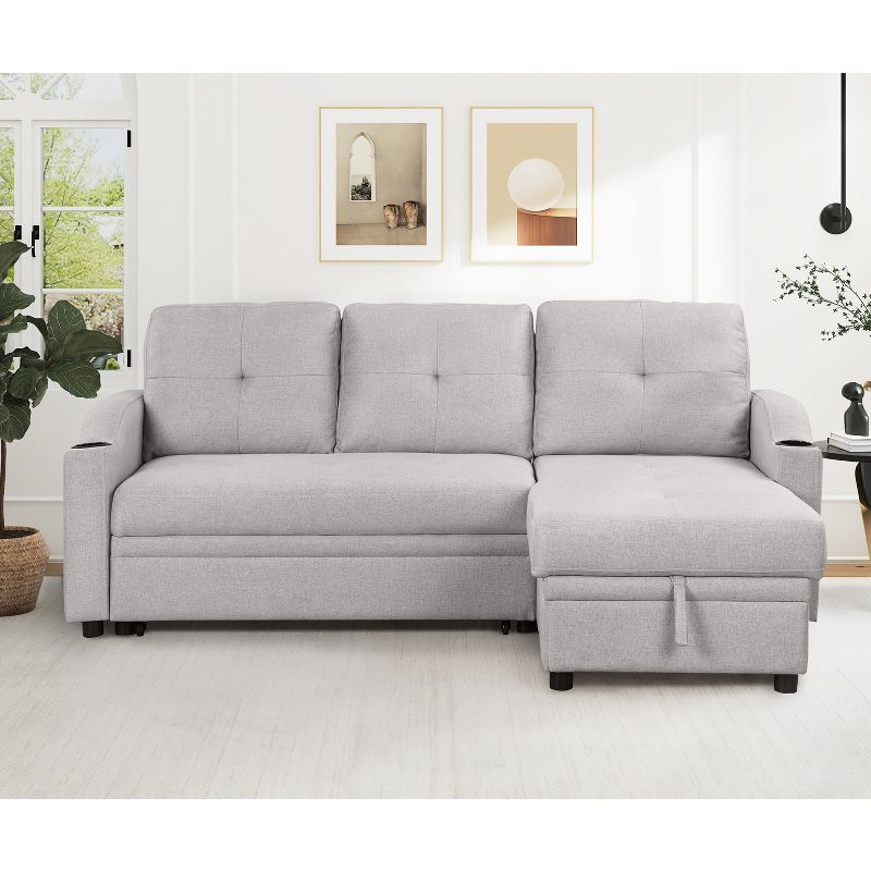 80.3" Modern Pull Out Convertible Sleeper Sofa Bed, Upholstered 3 Seater Couch with Storage Chaise and Cup Holder-ModernLuxe, 2 of 14