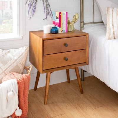 Caramel Pine 2-Drawer Nightstand with Tapered Legs and Antique Metal Handles