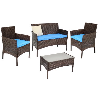 Sunnydaze Outdoor Dunmore Patio Conversation Furniture Set with Loveseat, Chairs, and Table - Brown and Blue - 4pc