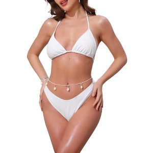 INSPIRE CHIC Women's Waffle Knit Textured Halter Bikini Sets, Triangle Bottom with Seashell Waist Rope Swimwear Suits 1 Set - 1 of 4