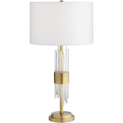 Possini Euro Design Mid Century Modern Table Lamp Brass Clear Glass Tube White Drum Shade Living Room Bedroom Bedside Nightstand