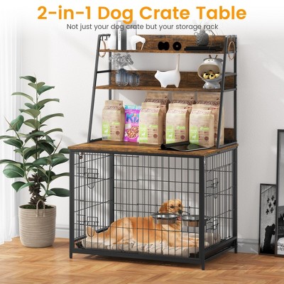 Whizmax Dog Crate Furniture with Storage Shelves, Double Doors Modern Dog Crate,Indoor Dog House with Two Adjustable Stainless Steel Bowls, Brown