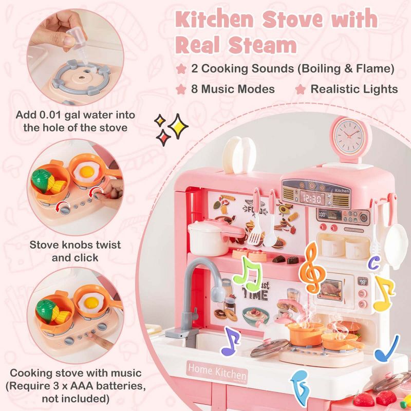 Costway Kids Pretend Kitchen Playset Role Play Kitchen Play Toy with Sink Oven Microwave Pink/Grey, 4 of 11