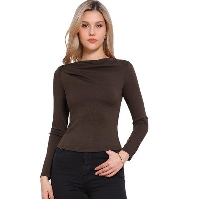 INSPIRE CHIC Women's Boat Neck Ruched Front Long Sleeve Casual Basic Shirt
