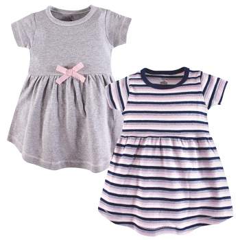 Touched by Nature Baby and Toddler Girl Organic Cotton Short-Sleeve Dresses 2pk, Heather Gray Stripe