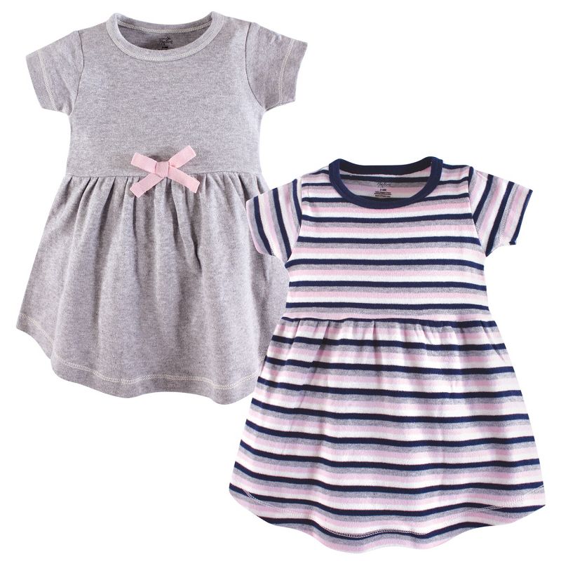 Touched by Nature Baby and Toddler Girl Organic Cotton Short-Sleeve Dresses 2pk, Heather Gray Stripe, 1 of 3