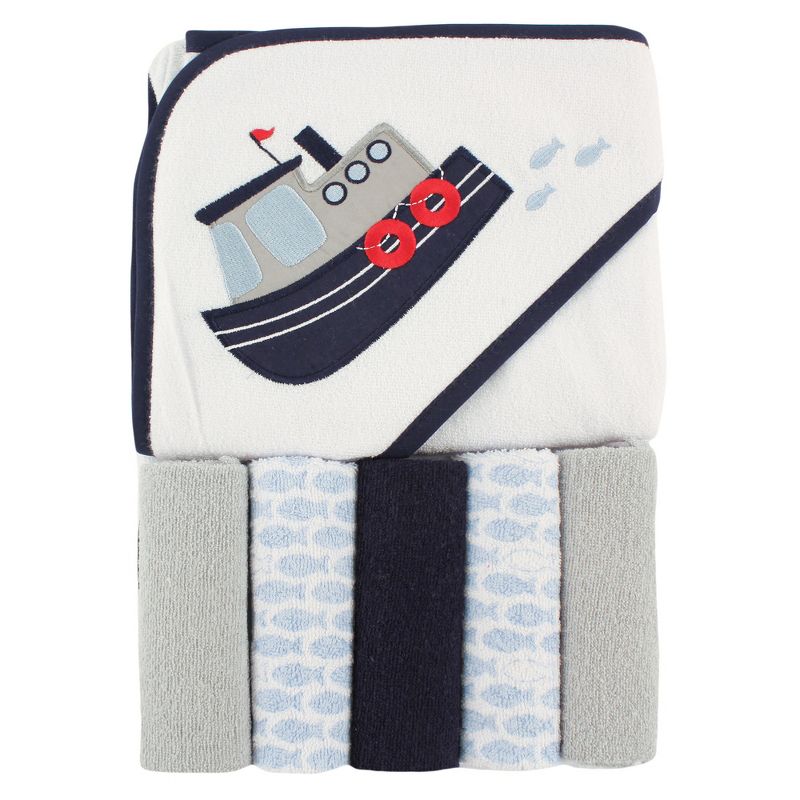 Luvable Friends Baby Boy Hooded Towel with Five Washcloths, Tugboat, One Size, 1 of 3
