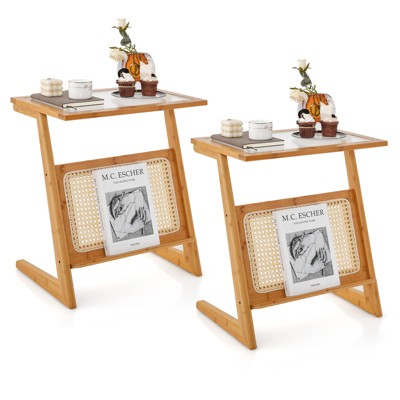 Tangkula 1pc/2pcs Z-shaped Side Table w/ Rattan Shelf Glass Top End Table w/ Magazine Rack Space-saving Sofa side Bedside Table