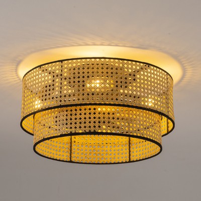 Ludomide 19" Boho Rattan Drum Flush Mount Ceiling Fans With Lights And Remote, Enclosed 2-Tier Woven Caged Low Profile Ceiling Fans With Lights
