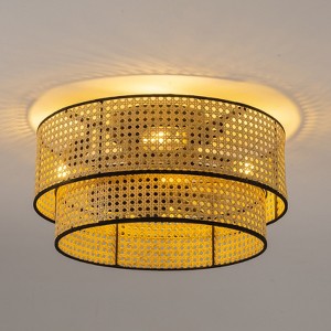 Ludomide 19" Boho Rattan Drum Flush Mount Ceiling Fans With Lights And Remote, Enclosed 2-Tier Woven Caged Low Profile Ceiling Fans With Lights - 1 of 4