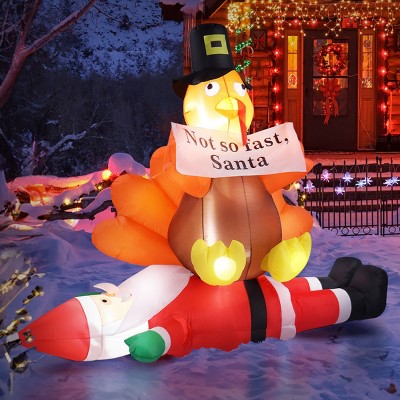 FURNIinspire Decorative Holiday Scene Props Christmas Inflatable Decor Blow Up Santa Claus with Turkey for Yard, Mall, Multicolored, 26.71"*59"*59"