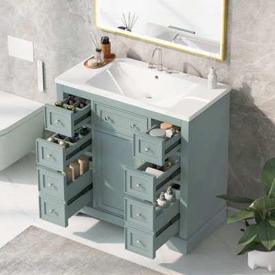 Whisen 36" Bathroom Storage Cabinet Bathroom Vanity with Ceramic Sink, One Cabinet and 6 Drawers