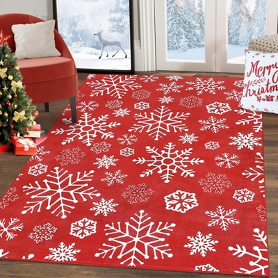 Christmas Area Rug, Snowflake Print Washable Soft Carpet with Non Slip Backing, Low Pile Stain Resistant Floor Mat for Living Room, Bedroom