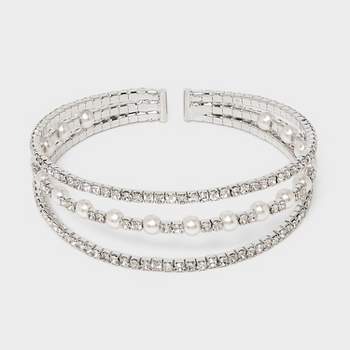 Pearl and Stone Cuff Bangle Bracelet - Silver