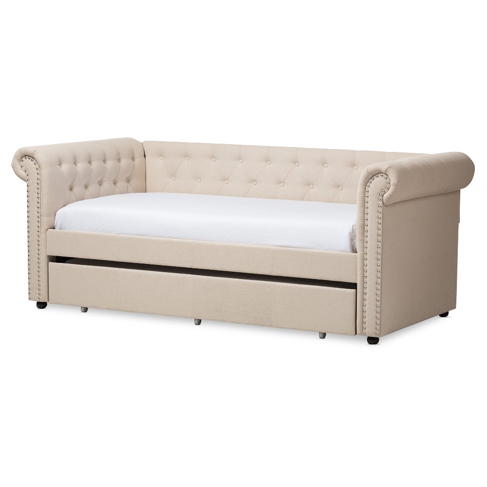 Photos - Bed Twin Mabelle Modern and Contemporary Fabric Trundle Daybed Buff Beige - Ba