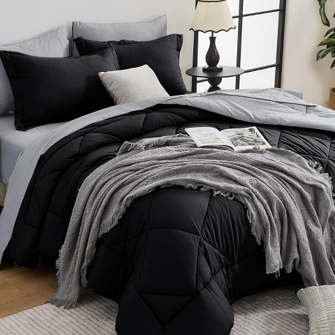 Der Rose BALHAM TRADE-7 Pieces Queen Dark Gray Comforter Set All Season Reversible Ultra Soft Bedding Set Black & Light Grey-Queen 88"x88"