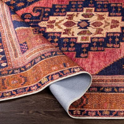 Western Springs Coral and Navy Wool Washable Area Rug 8' x 10'