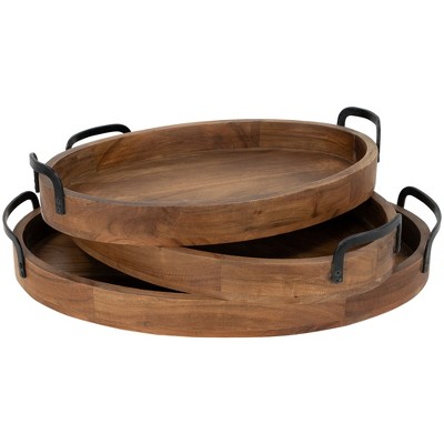 Set of 3 Acacia Wood Trays with Metal Handles