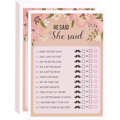 Floral Bridal Shower Games He Said She Said Guessing Game for Wedding (50 Pack)