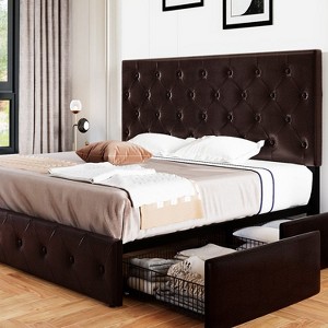 Allewie King Size Upholstered Platform Bed Frame with 4 Storage Drawers, Diamond Stitched Headboard, Wooden Slats, No Box Spring Needed, White - 1 of 4