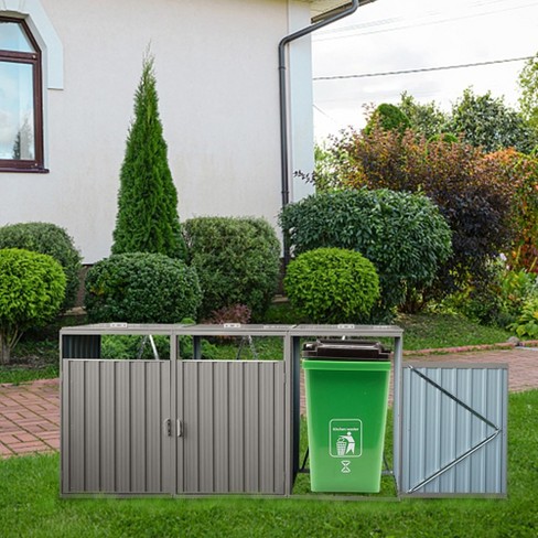 Outdoor Garbage Bin Shed For 3 Trash Cans, Stainless Galvanized 